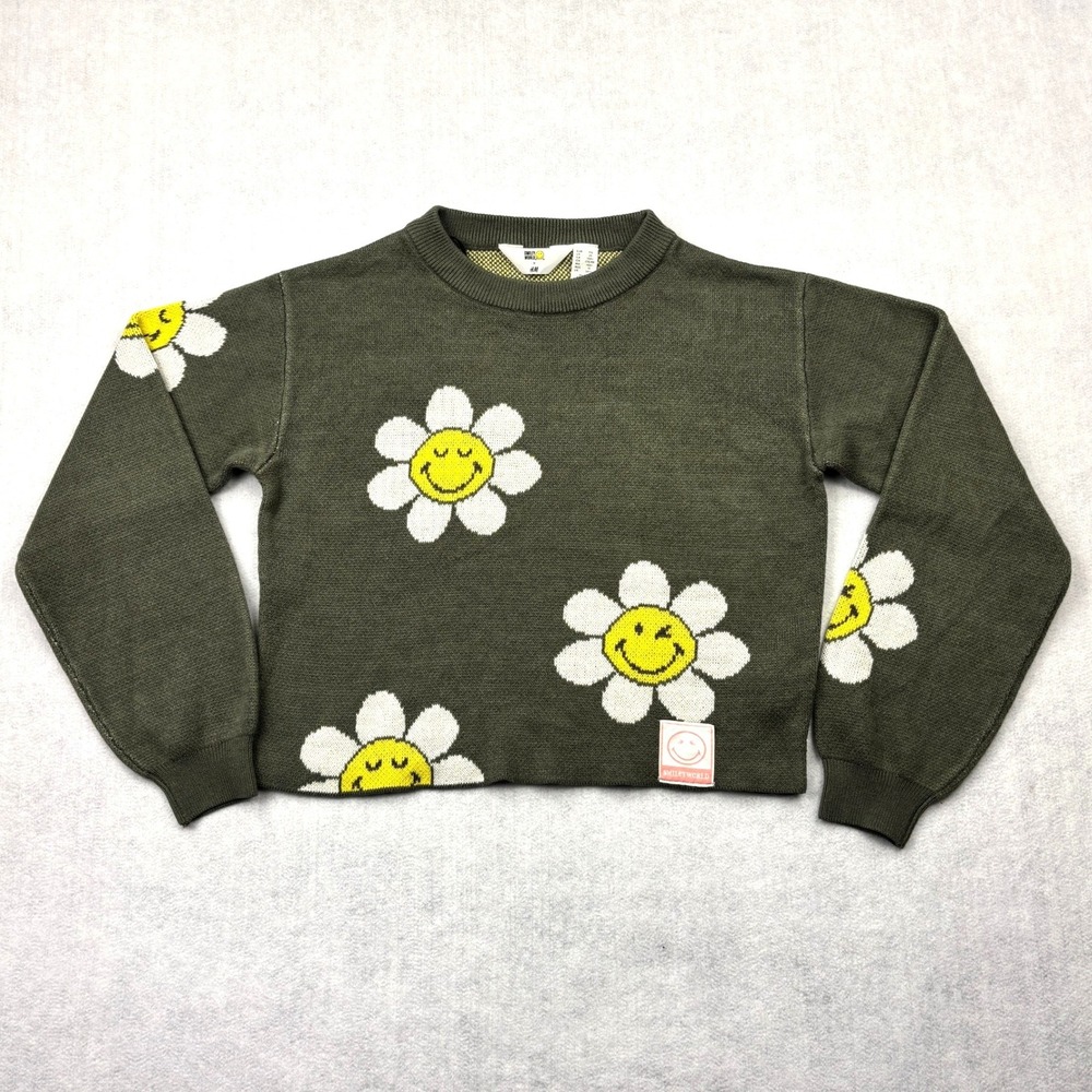 HM SmileyWorld Sweater Girls Size 20 Olive Green Daisy Flower Smiley Face Knit